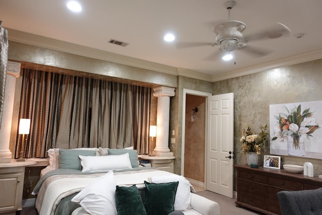 7840 Halliday St, Beaumont, TX 77706 - bedroom with ornamental molding, ornate columns, recessed lighting, baseboards, and light colored carpet