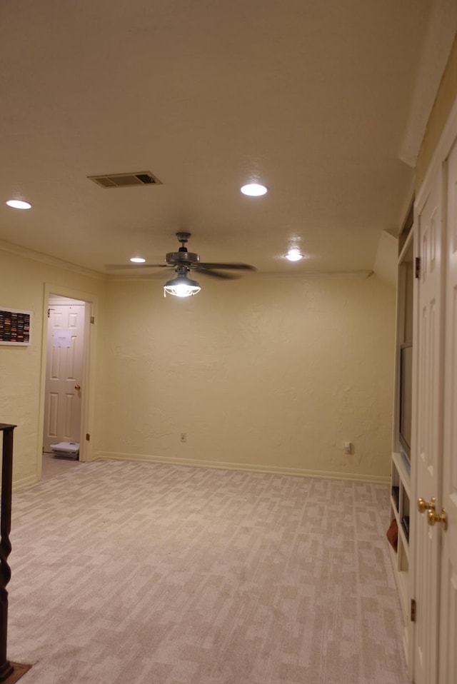 7840 Halliday St, Beaumont, TX 77706 - empty room featuring recessed lighting, ceiling fan, light carpet, baseboards, and crown molding