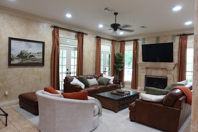 7840 Halliday St, Beaumont, TX 77706 - living room featuring ornamental molding, a ceiling fan, a fireplace, recessed lighting, and baseboards