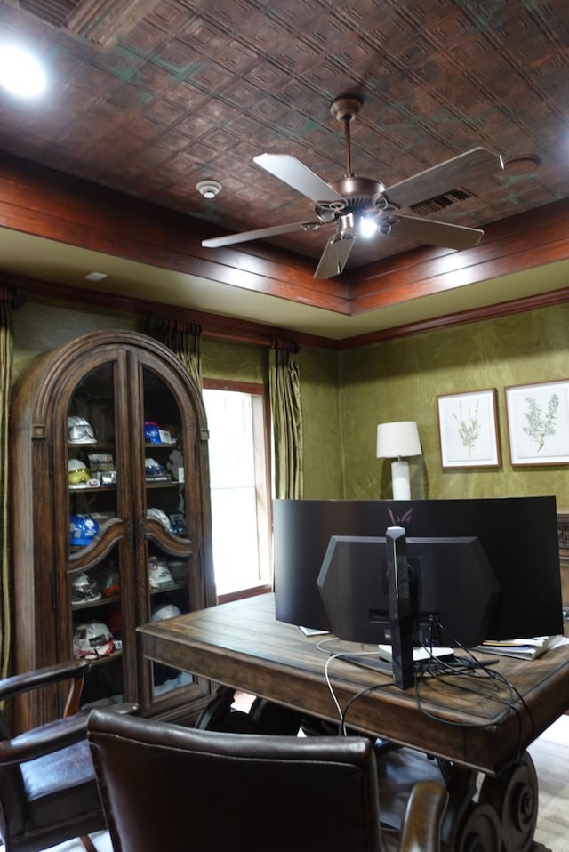 7840 Halliday St, Beaumont, TX 77706 - office space featuring an ornate ceiling, a ceiling fan, and a tray ceiling