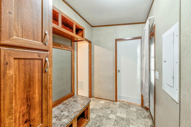 interior space featuring crown molding, electric panel, and a textured ceiling