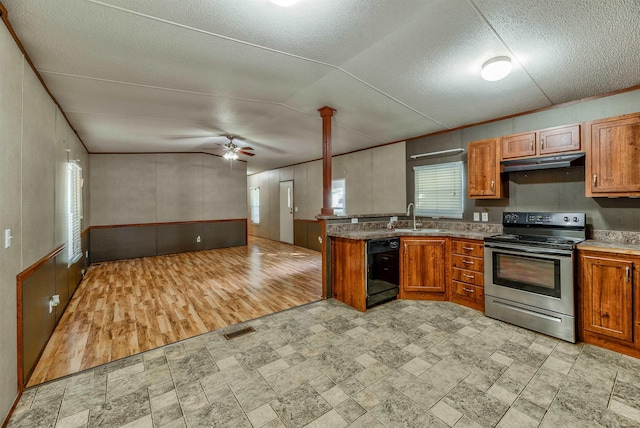 kitchen featuring sink, ornate columns, dishwasher, electric stove, and ceiling fan