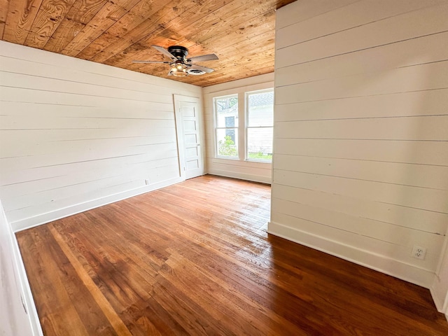 unfurnished room featuring wood walls, ceiling fan, wooden ceiling, and light wood-type flooring