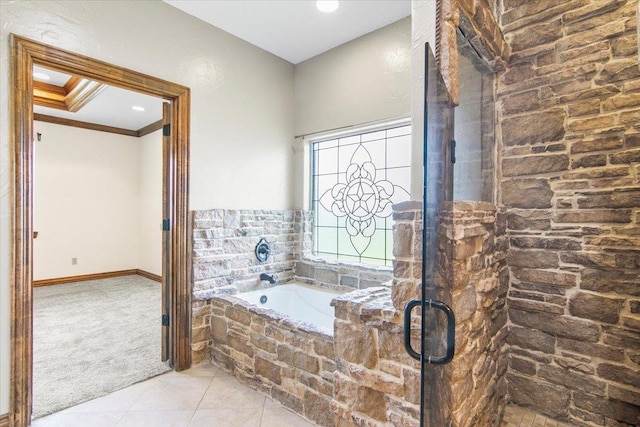 bathroom with separate shower and tub and crown molding