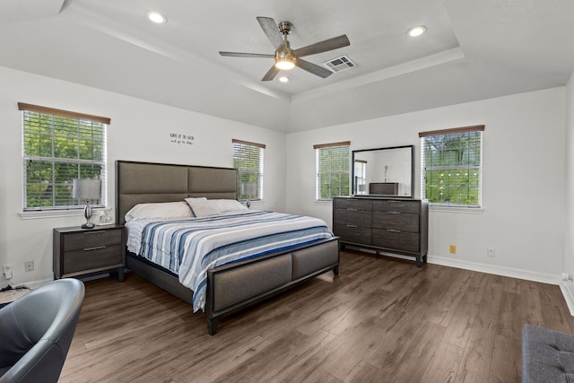 503 Country Wood Cir, Sour Lake, TX 77659 - bedroom with a raised ceiling, wood finished floors, multiple windows, and recessed lighting