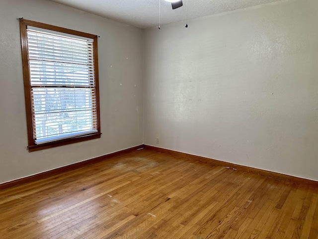 spare room with ceiling fan, light wood-type flooring, and a textured ceiling