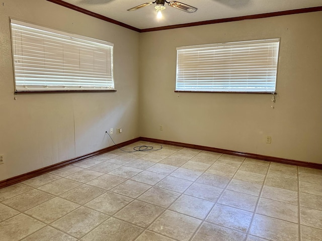 unfurnished room featuring ceiling fan, ornamental molding, and light tile patterned floors