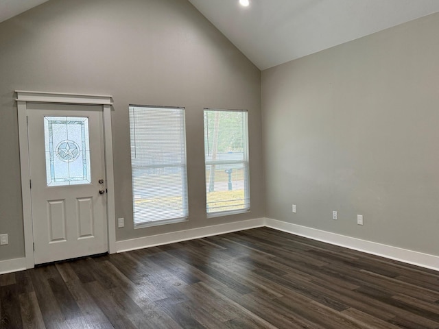 foyer featuring dark hardwood / wood-style flooring and high vaulted ceiling