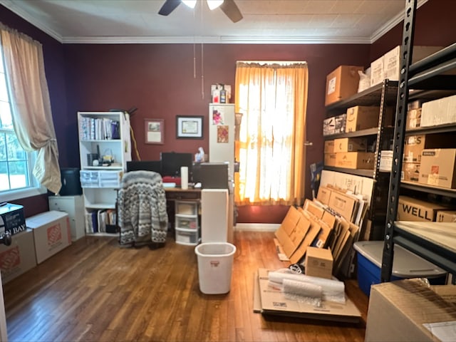 office area with ceiling fan, hardwood / wood-style floors, and ornamental molding