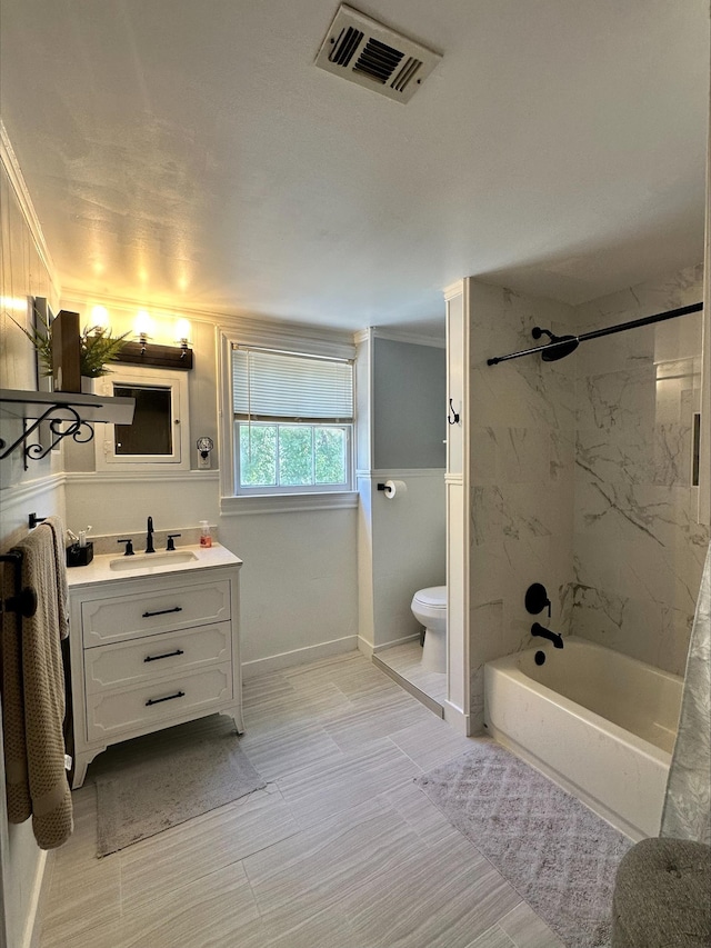 full bathroom featuring shower / bath combination with curtain, vanity, toilet, and crown molding