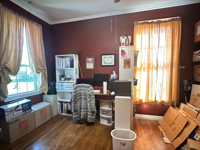 home office featuring wood-type flooring and ornamental molding