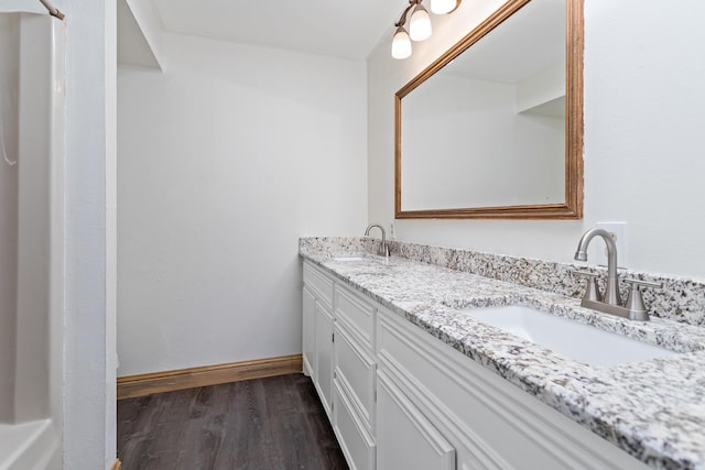 bathroom with vanity and wood-type flooring