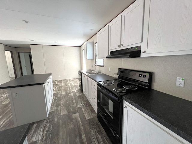 kitchen with black range with electric stovetop, a center island, sink, dark hardwood / wood-style flooring, and white cabinets