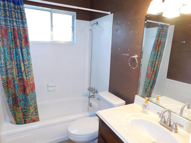 full bathroom with vanity, toilet, and shower / bath combo with shower curtain