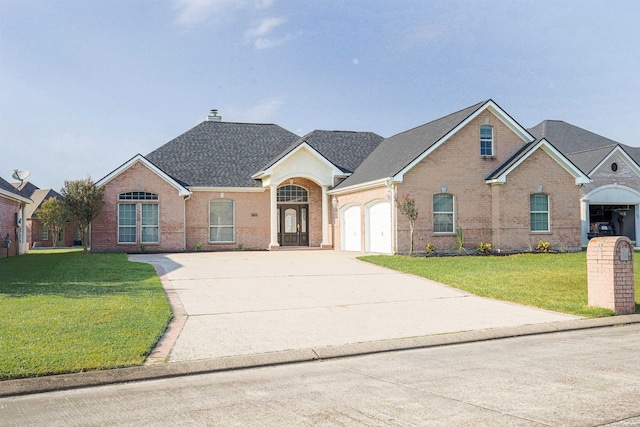 view of front of house featuring a garage, brick siding, driveway, roof with shingles, and a front lawn