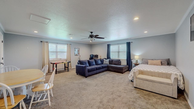 1405 Turner Dr, Bridge City, TX 77611 - bedroom with light carpet, multiple windows, recessed lighting, crown molding, and ceiling fan