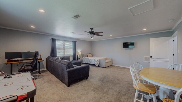 1405 Turner Dr, Bridge City, TX 77611 - bedroom featuring ornamental molding, light carpet, recessed lighting, and a ceiling fan