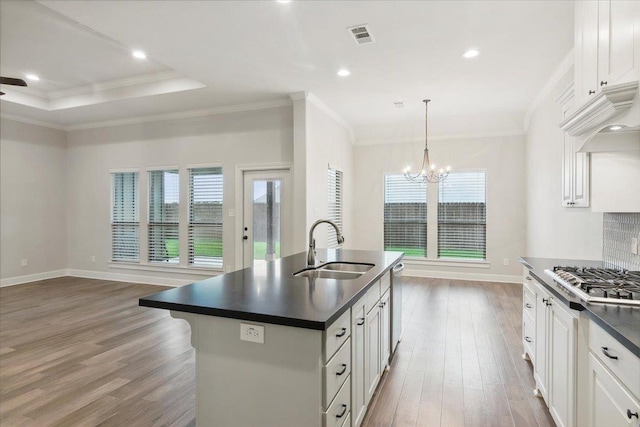 kitchen featuring white cabinetry, sink, appliances with stainless steel finishes, and an island with sink