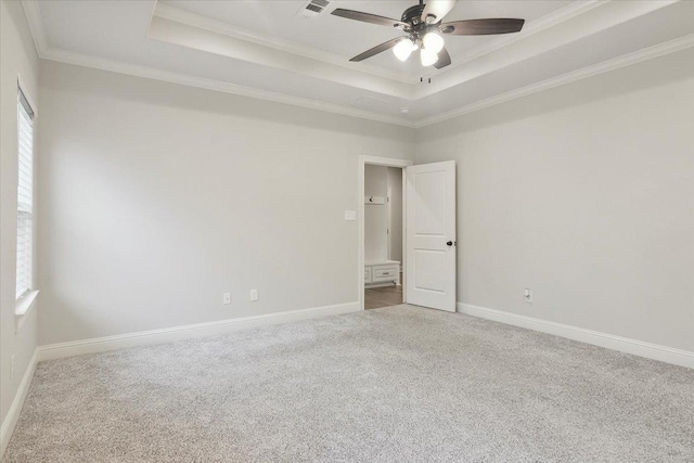 spare room featuring a raised ceiling, carpet floors, and a wealth of natural light