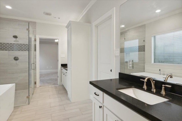 bathroom with crown molding, tile patterned flooring, vanity, and independent shower and bath