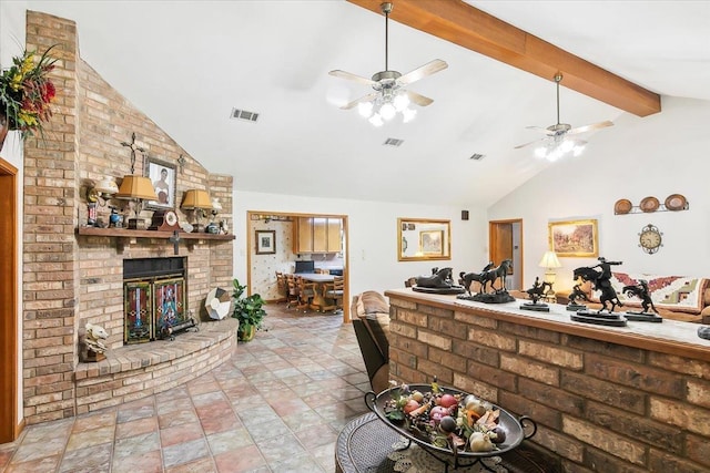 living room featuring a brick fireplace, beam ceiling, high vaulted ceiling, and ceiling fan