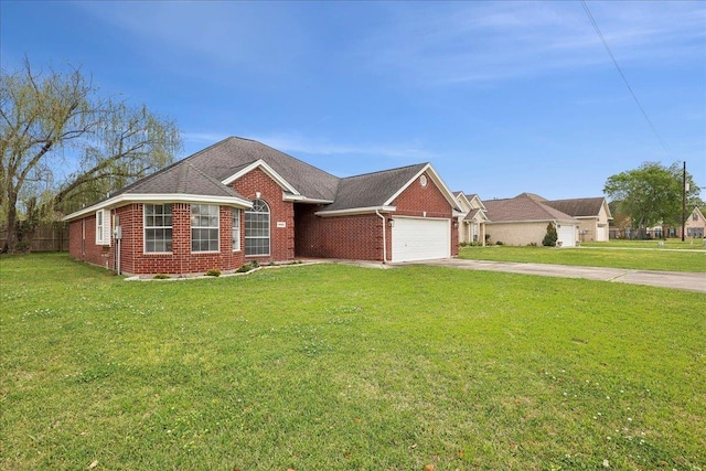 ranch-style home with brick siding, a front yard, driveway, and a garage