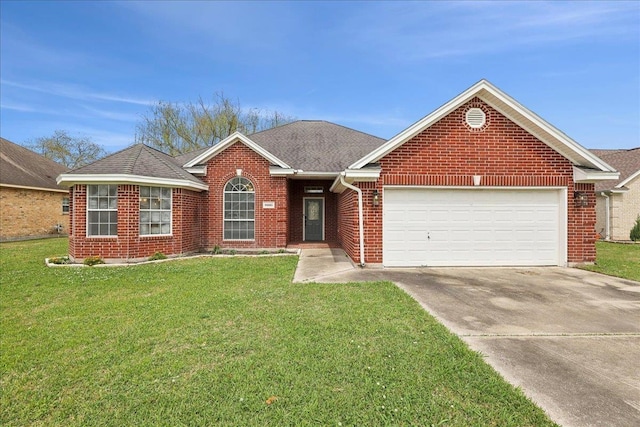 ranch-style home with brick siding, a front yard, driveway, and a garage