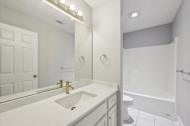 full bath with visible vents, toilet, tile patterned floors, vanity, and shower / bath combination