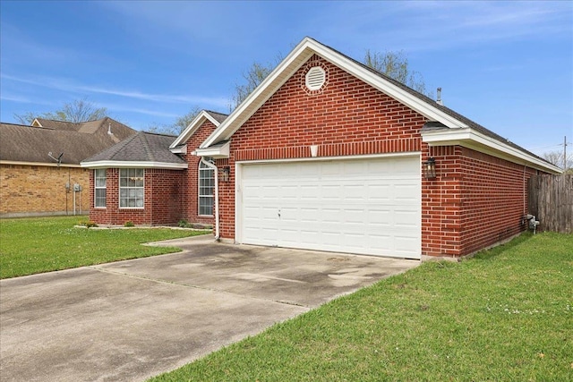 ranch-style home featuring driveway, brick siding, a front lawn, and an attached garage