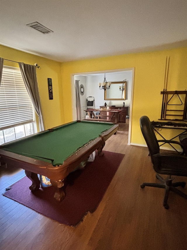 recreation room featuring billiards, wood finished floors, and visible vents