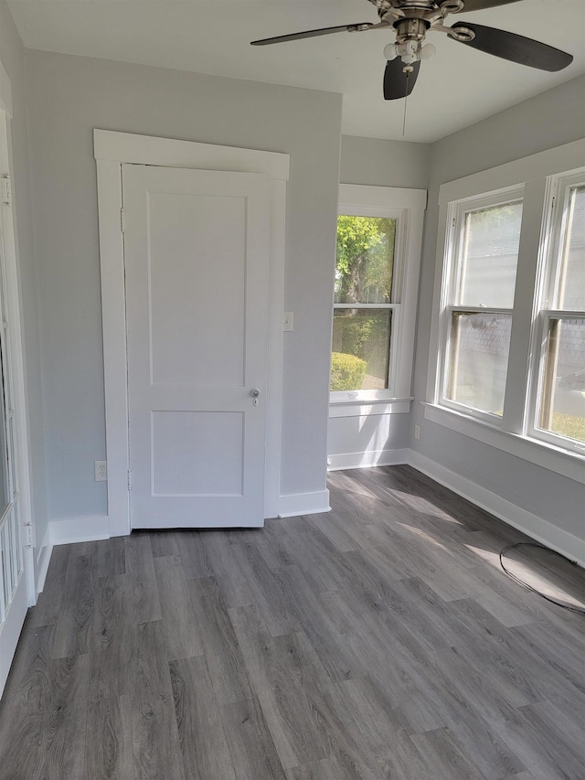 interior space featuring wood-type flooring, a closet, and ceiling fan