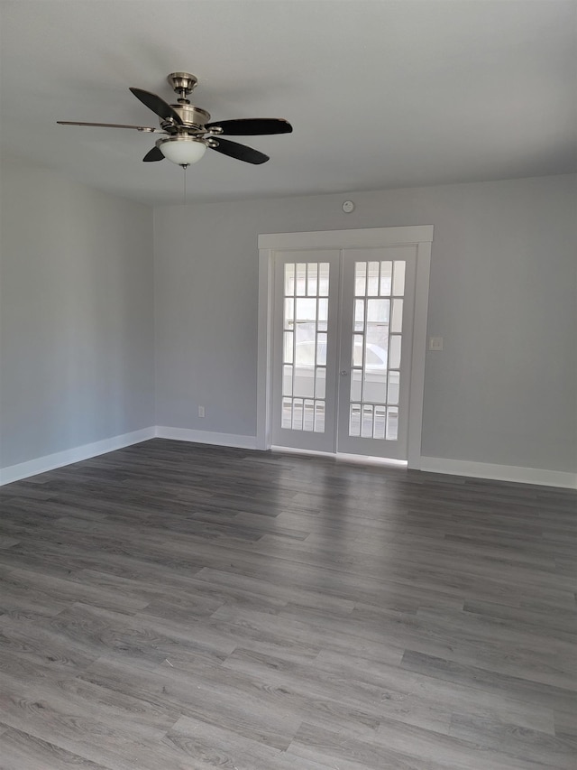 unfurnished room featuring french doors, light hardwood / wood-style flooring, and ceiling fan