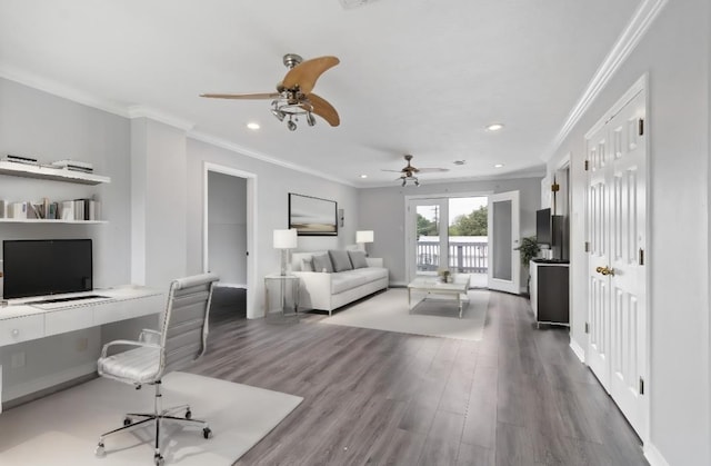 930 Llano St, Port Neches, TX 77651 - bedroom featuring access to exterior, recessed lighting, wood finished floors, ornamental molding, and ceiling fan