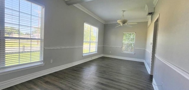 930 Llano St, Port Neches, TX 77651 - unfurnished room with dark wood-type flooring, a ceiling fan, crown molding, and baseboards