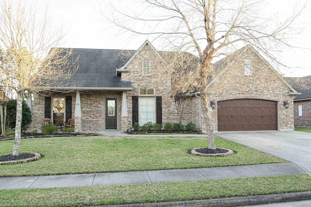 view of front of house with a garage and a front lawn