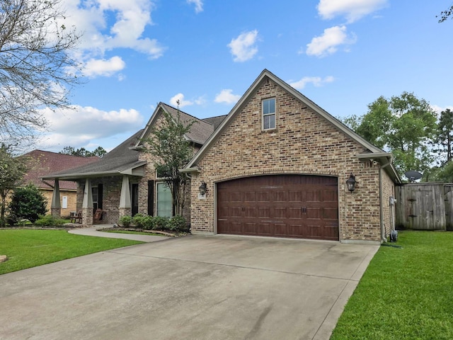 view of front of home featuring a front yard, driveway, fence, and brick siding
