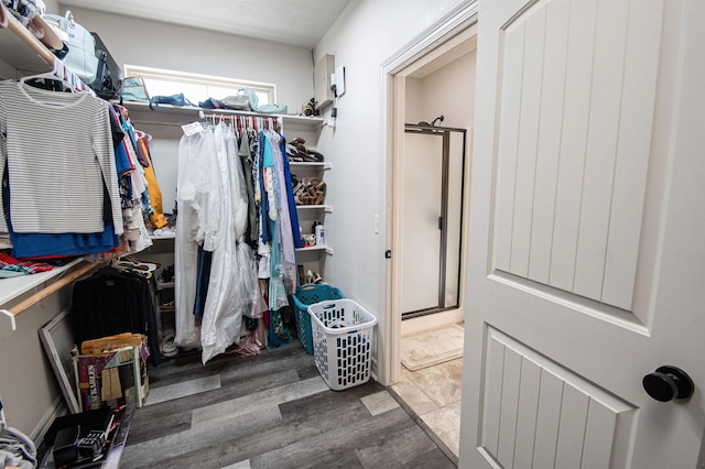 walk in closet with wood-type flooring