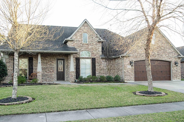 view of front of house featuring a front lawn and a garage