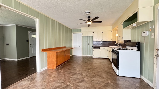 4801 Kent Ave, Groves, TX 77619 - kitchen featuring range with gas stovetop, ceiling fan, a sink, crown molding, and a textured ceiling