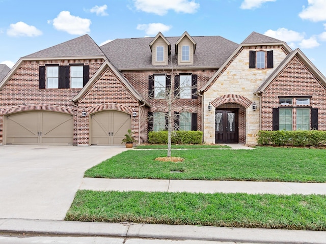 view of front facade featuring french doors, a front lawn, and a garage