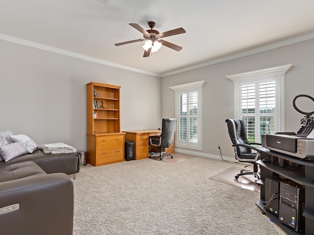 office area with carpet, ceiling fan, and ornamental molding