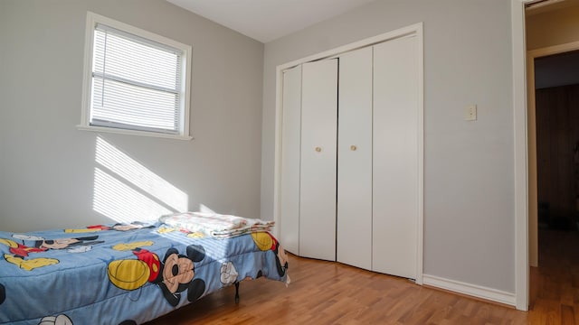 bedroom with hardwood / wood-style flooring and a closet