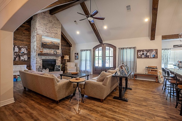 living room with ceiling fan, french doors, high vaulted ceiling, and dark wood-type flooring