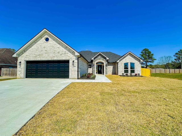 view of front of house featuring brick siding, concrete driveway, fence, and a front lawn