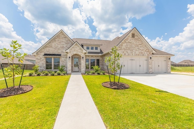 french country style house featuring an attached garage, a front lawn, fence, and brick siding