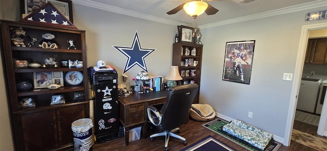 office space with wood finished floors, baseboards, washer / dryer, ceiling fan, and ornamental molding