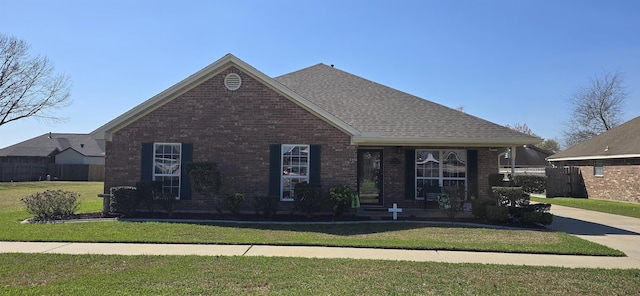 view of front of home with fence, brick siding, a front yard, and a shingled roof