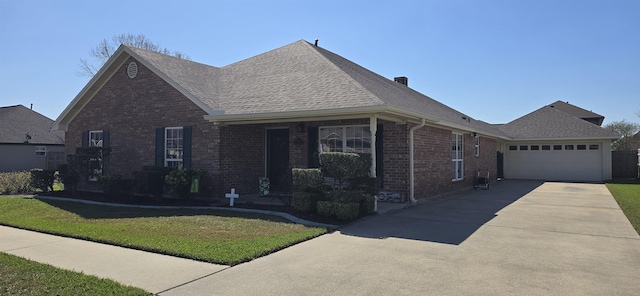 view of front facade with brick siding, concrete driveway, a front yard, roof with shingles, and an attached garage