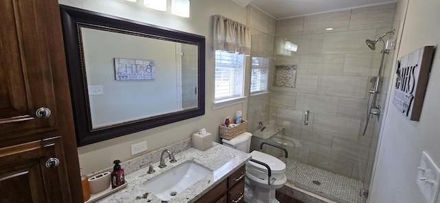 full bathroom featuring vanity, toilet, and a shower stall