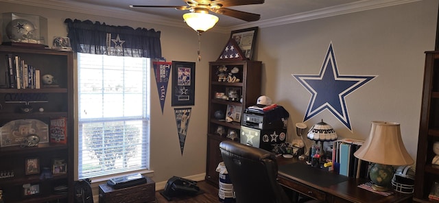 home office featuring a healthy amount of sunlight, crown molding, ceiling fan, and wood finished floors